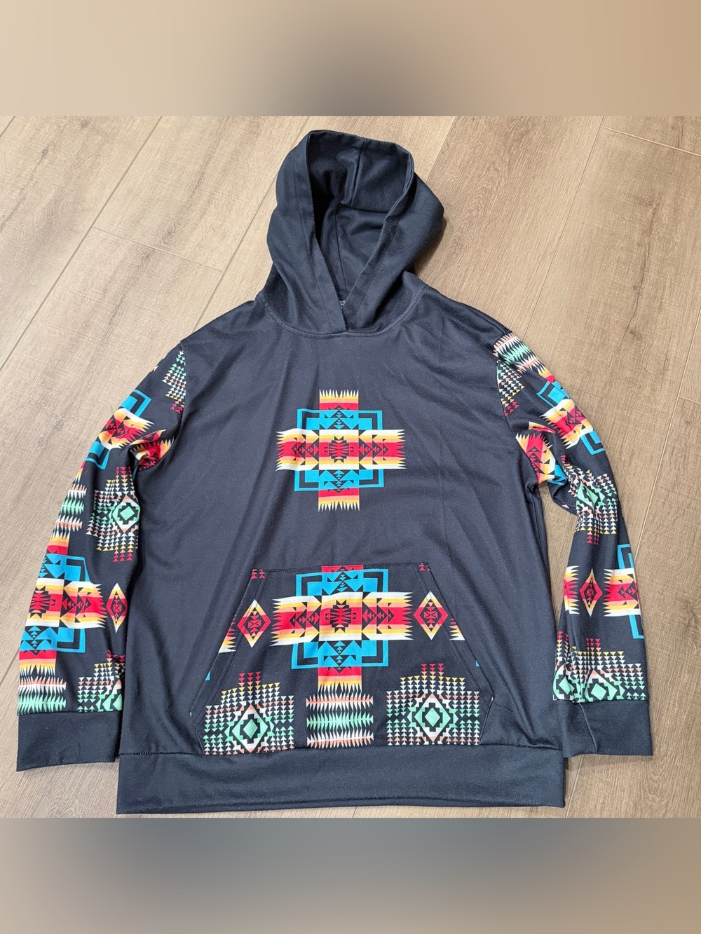Aztec Hoodie Multicolor Geometric Men Large Boho Hippie Winter Ski Southwestern